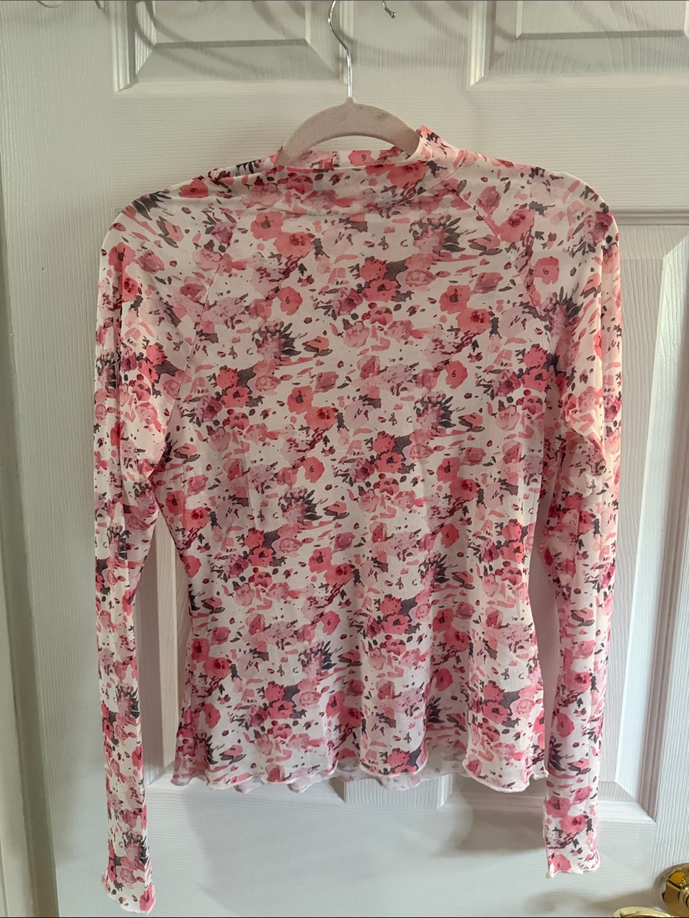 Amazon Floral Mesh Mock Neck Long Sleeve Top - Pink and Cream Size M